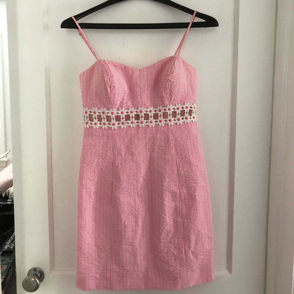 pink vertical stripe flower detail dress